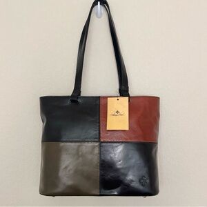 Patricia Nash British Vintage Braden Tote Bag Black Olive Colorblock Leather NEW